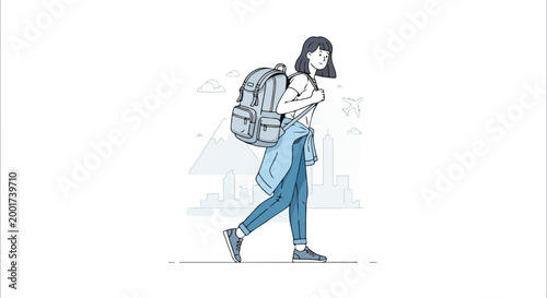 Minimalist travel girl illustration, young woman tourist walking with backpack, blue line art female traveler exploring city landmarks and mountains