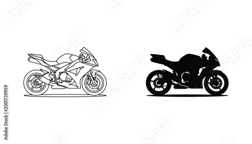 Sports motorcycle vector icon set featuring clean outline and solid black silhouette of a superbike for racing fitness and extreme sports branding designs isolated on white background