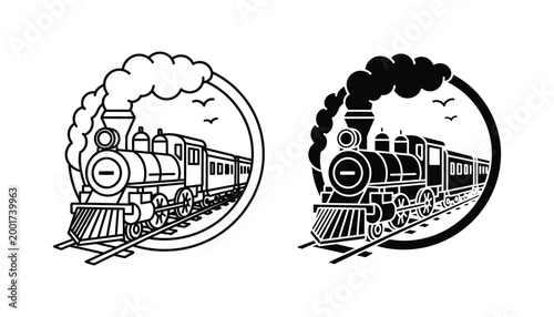 Vintage steam locomotive train inside circular frame line art and solid silhouette icon set for transportation themes