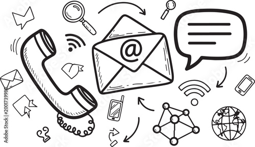 Global network communication doodle set with email mail phone and wifi on transparent file.