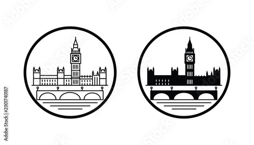 Iconic Big Ben clock tower and Houses of Parliament in London UK represented as a circular badge design in both line art and solid black graphic styles for travel and tourism