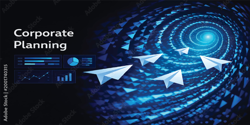 Fototapeta premium Business Development Growth Concept with Digital Data Spiral and Tree Symbol, Analytics Dashboard, Corporate Strategy Progress, Innovation Expansion, Futuristic Blue Technology Background with Copy Sp