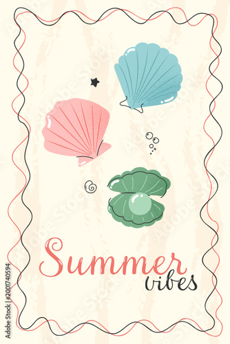 Summer vibes poster with seashells beach elements and ocean waves in hand drawn doodle style
