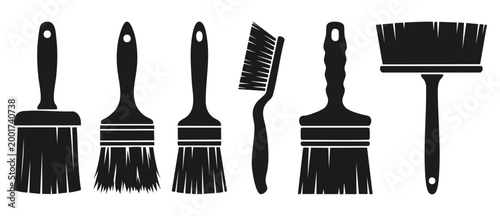 Paint brush icons set flat black vector design, renovation and construction tools collection for graphic design, art, home improvement, diy projects, isolated on white background, professional equipme