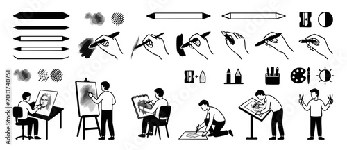 Drawing tools and artist sketching icons set, sketching equipment, pencils, hands drawing, and creative people working on canvas or easel, minimalist black and white vector illustration collection.