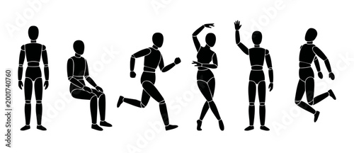 Human Mannequin Set Poses Action, Sitting Running Dancing Waving Jumping Silhouette Collection, Minimalist Character Design for Graphic Art and Web Design Elements, Vector Illustration Isolated