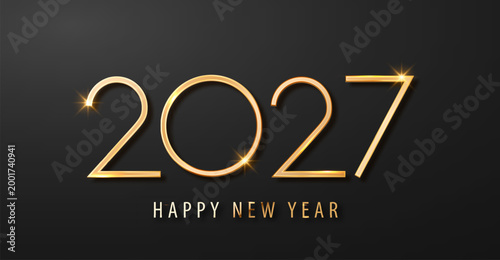 Happy New Year 2027 gold numbers on black luxury background with festive party elements and countdown clock celebration design for greeting cards