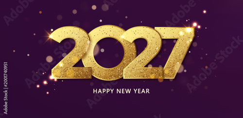 2027 Happy New Year gold and purple festive banner with glowing lights holiday background