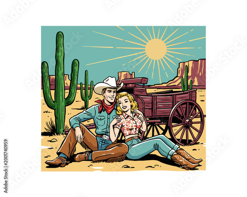 Retro style cowboy and cowgirl in desert. Western vintage artwork for t shirt. Cactus landscape design. Rodeo theme. T shirt print design.