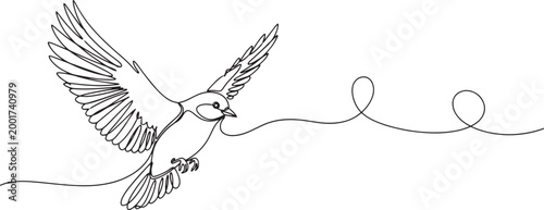 A minimalist line drawing of a bird in flight, with a flowing line trailing behind it, symbolizing freedom and movement