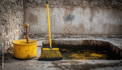 A yellow bucket and broom sit beside a grimy concrete wash basin with murky water