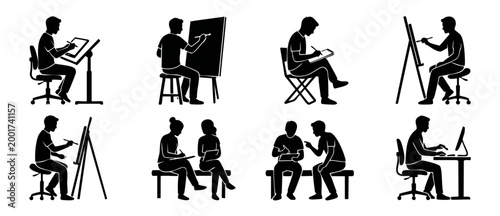 Artist silhouette set drawing and digital design icons collection, creative people working on easel tablet and computer, professional graphic design studio illustration, concept of education and art w