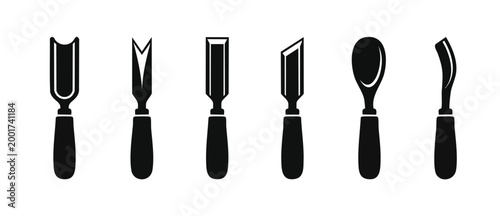 Wood carving chisels set collection for woodworking projects, carpenter tools with different blades for shaping, whittling, gouging, and manual craft detail work isolated on white background flat icon