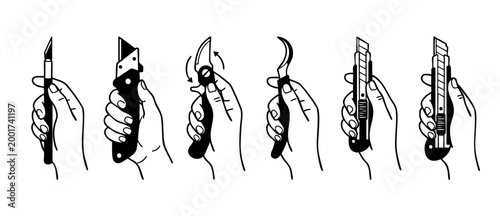 Hands holding various utility knives set, craft cutting tools and precision blades for DIY projects, construction, woodworking and industrial tasks, black and white minimalist vector line illustration