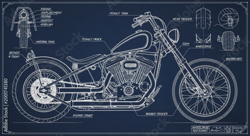 Detailed Blueprint of a Classic Motorcycle Side View.