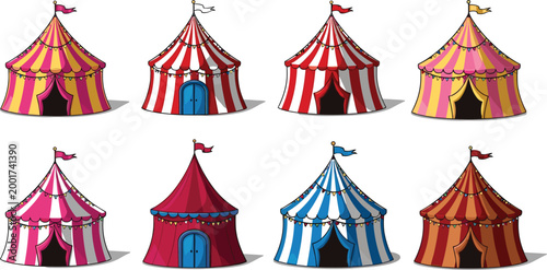 Circus tent vector set featuring colorful striped carnival tents in playful festive illustration style for amusement and fair design