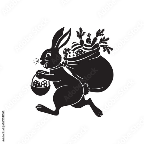 Easter Bunny Silhouette Running With Sack Of Carrots And Eggs For Holiday Celebration. 
