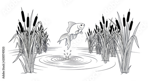 Goldfish Leaping Out of Water Surrounded by Cattails - Line Art