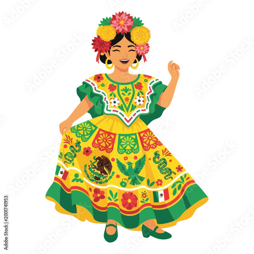 Mexican Dancer Woman in Traditional Folkloric Dress with Floral Headdress and Festive Symbols