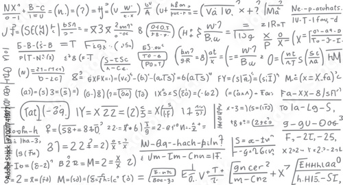 Handwritten mathematical equations and formulas in grey ink on a white background with various symbols and notations