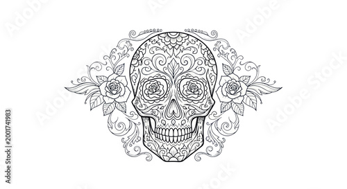 Cuadro en lienzo Ornate Sugar Skull with Roses and Swirls - Dia de los Muertos Art