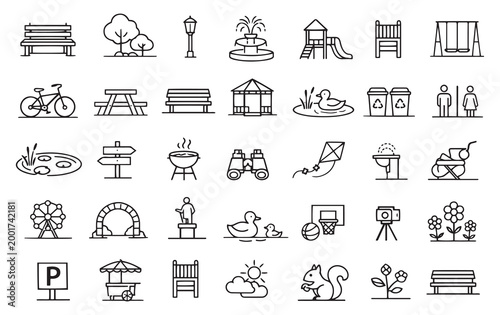 city park recreation public space outdoor leisure activities editable line icons