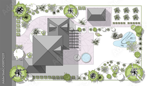 Landscape design plan with house, courtyard, lawn and garage top view. Highly detailed plan of country with modern cottage, garden, pond, pool. Vector illustration of Cityscape, Map of town, village