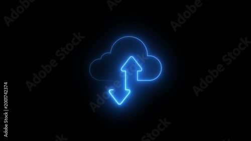 Glowing neon cloud storage with arrows, looped animation 4k on black background