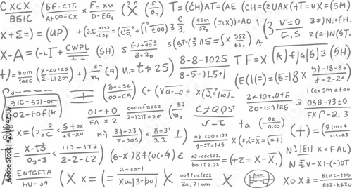 Handwritten mathematical equations and formulas on a white background with a grey tone mathematics science
