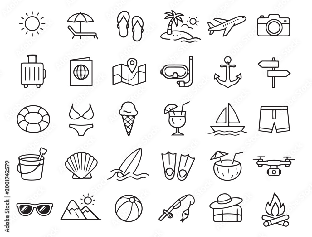 Fototapeta premium summer vacation travel tourism beach holiday outdoor adventure line icons