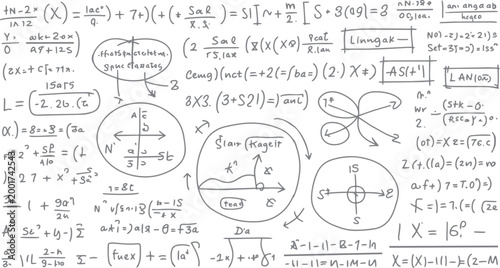 Hand drawn mathematical equations and diagrams on white background with grey ink mathematics formula