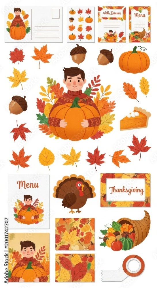 Obraz premium Festive Autumnal Collection: Whimsical Thanksgiving Illustrations and Designs in Warm Tones