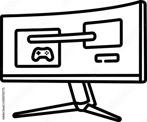 Gaming setup outline a curved monitor with console and controller illustration in black and white