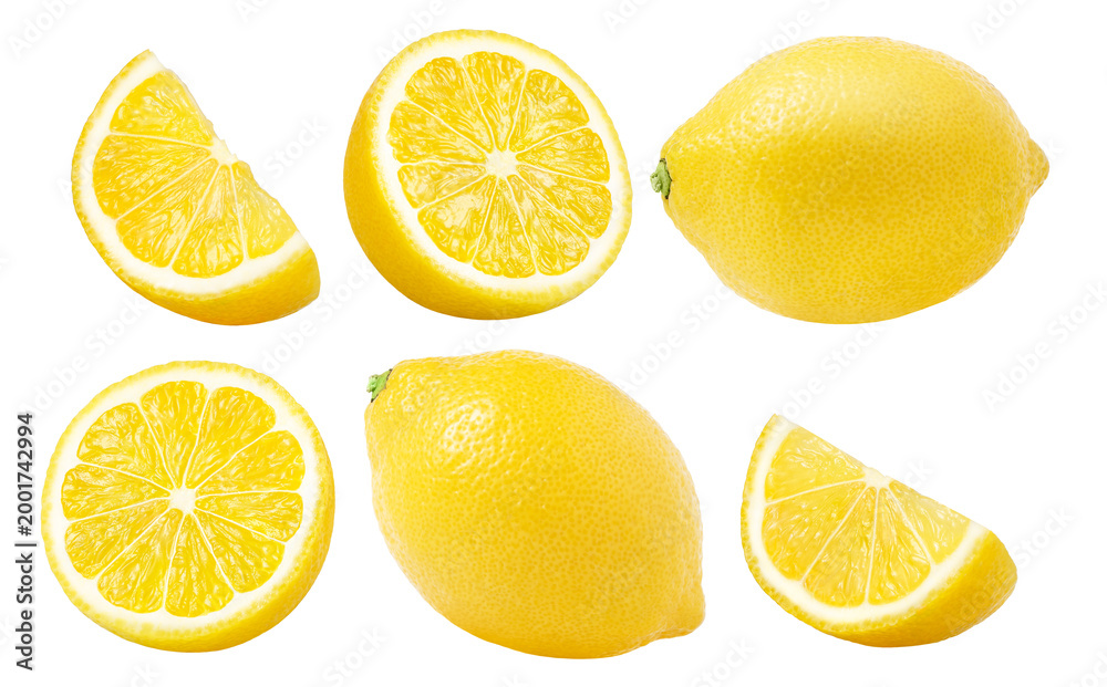 Fototapeta premium lemon slice and half isolated on a white background, Fresh and Juicy lemons collection with clipping path. lemon fruits set, 