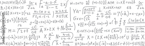Hand drawn gray mathematical equations and formulas on a white background mathematics science