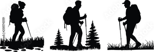 Silhouette hikers trekking with backpacks and poles across nature landscape with trees and grass