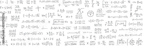A chaotic collage of handwritten mathematical equations and symbols in grey on a white background mathematics