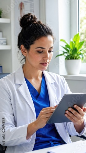 Female Doctor Using Tablet In Bright Clinic Office