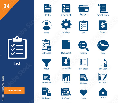 List Icon Collection Featuring Checklist, Edit List, Add List and People Symbols, Solid Vector Icons