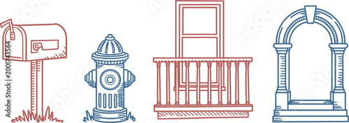 Hand drawn neighborhood elements featuring mailbox fire hydrant balcony window and decorative stone arch illustration