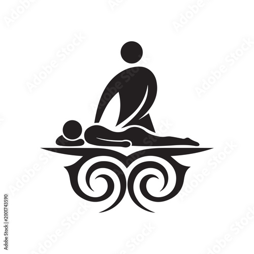 Professional Massage Therapist Silhouette With Decorative Tribal Floral Frame For Spa Wellness Branding.