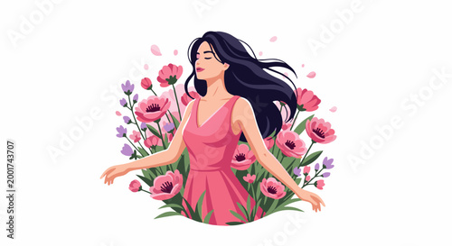 Serene woman with flowing hair among vibrant pink and purple flowers