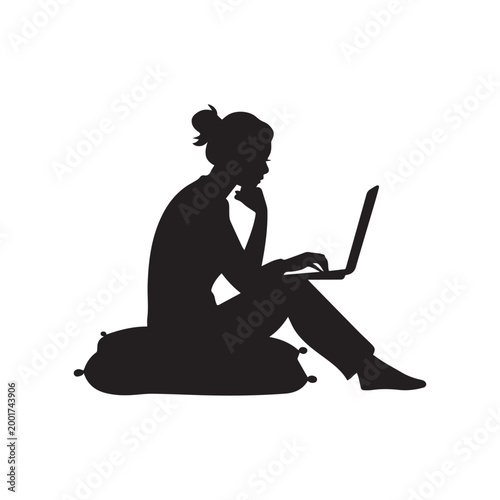 Professional Woman Working On Laptop Silhouette While Sitting On Comfortable Floor Cushion. 