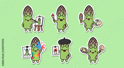 Playful cartoon asparagus characters joyfully embrace artistic expression, painting vibrant masterpieces with brushes and palettes, showcasing a whimsical passion for creativity