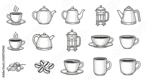 Collection of Hand Drawn Coffee and Tea Utensils and Ingredients.
