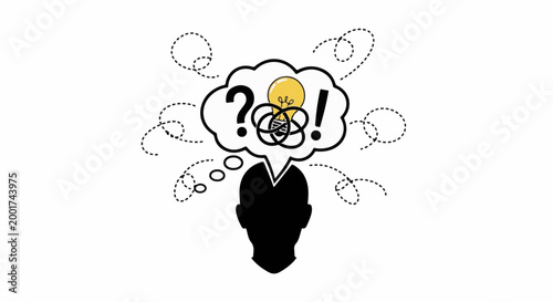 Silhouette head with thought bubble showing tangled lightbulb, question, exclamation