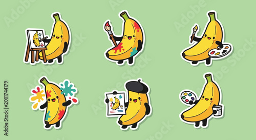 Playful banana characters delve into art, expressing vibrant creativity with brushes, palettes, and canvases, a delightful sticker illustration series