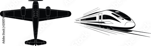 Airplane top view and high speed train illustration representing modern transportation and travel technology