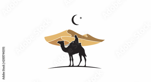 Silhouette of a camel rider against desert dunes under a crescent moon