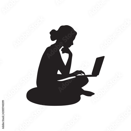Professional Woman Working On Laptop Silhouette While Sitting On Comfortable Floor Cushion. 